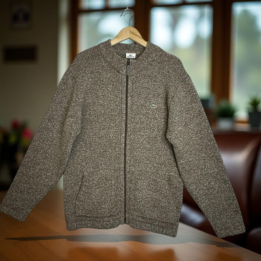 LACOSTE Brown Marled Zip-Up Cardigan With Pockets Wool Blend Size 5 Large